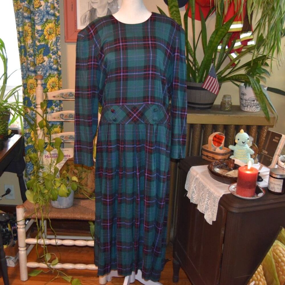 Vintage 90s Karin Stevens KSL Plaid Midi Dress Drop Waist Pleated 1X
